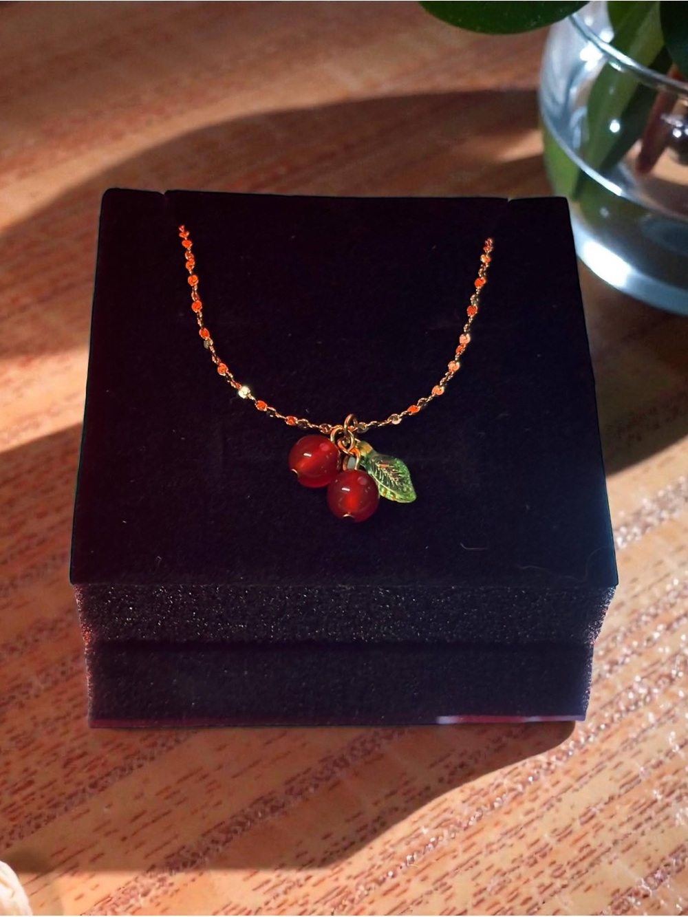 Gold-Tone Cherry Pendant Necklace with Red Enamel Charms